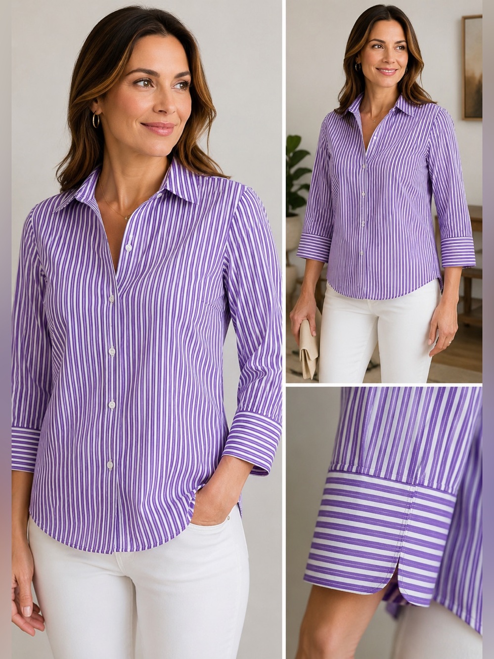Chico's Purple and White Striped Button-Down Shirt size 1